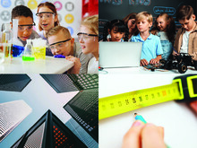 Collage of STEM images: Closeup of hands with Measuring tape and pencil; skyscrapers, bottom up view; Skilled kids learning to program remote car. Schoolgirl in pink cloth use laptop for coding. Other child watch her code while teacher watch her. motherbo