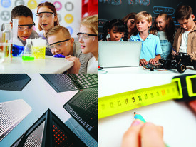 Collage of STEM images: Closeup of hands with Measuring tape and pencil; skyscrapers, bottom up view; Skilled kids learning to program remote car. Schoolgirl in pink cloth use laptop for coding. Other child watch her code while teacher watch her. motherbo